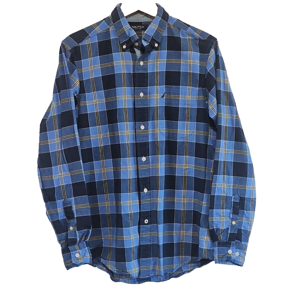 Nautica Men's Classic Fit Blue Plaid Button Down Shirt Size Small Casual Work